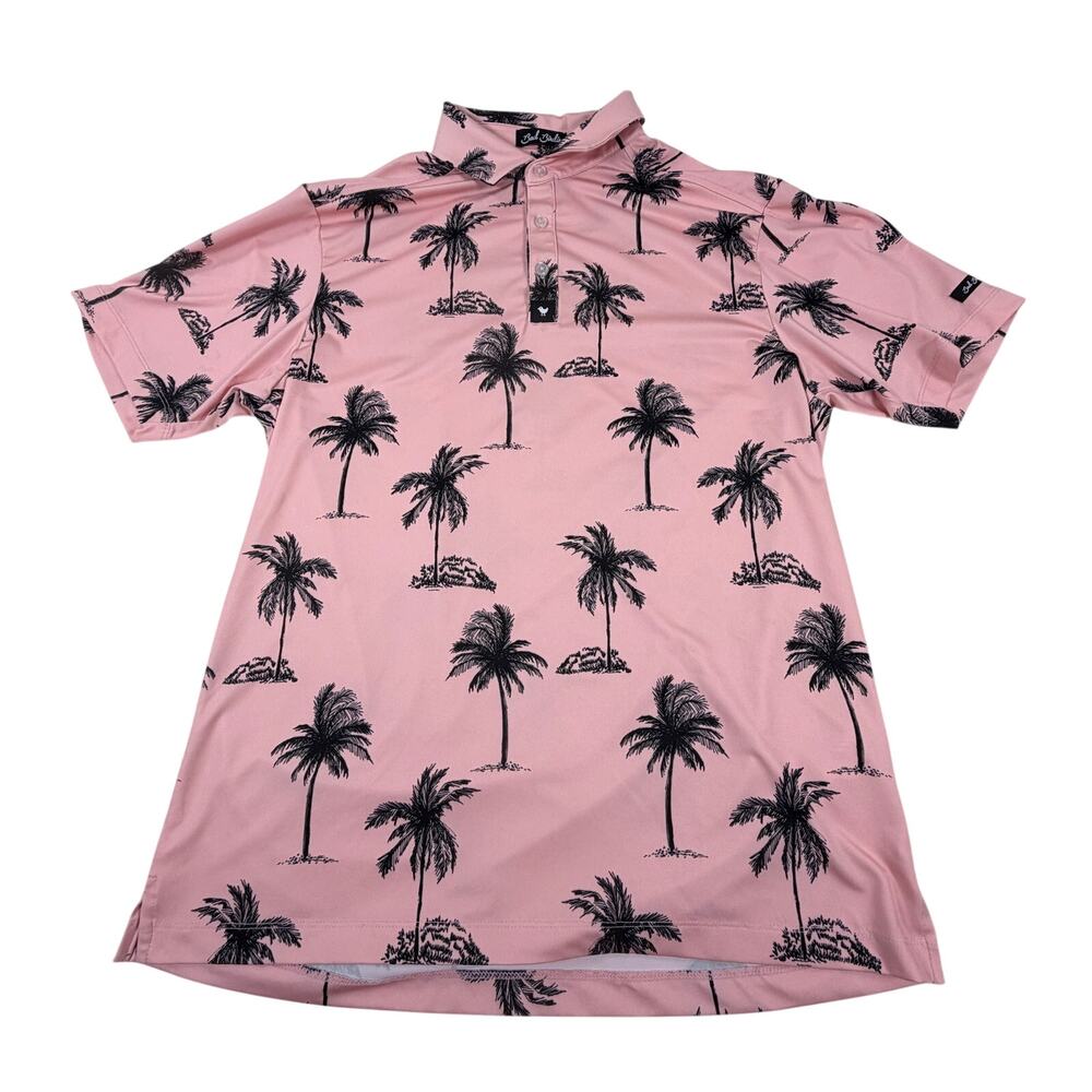 Bad Birdie Tequila Sunrise Golf Polo Shirt Palm Tree Print Pink Black Men Sz M